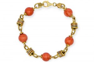 Pulsera oro tricolor y bolas coral